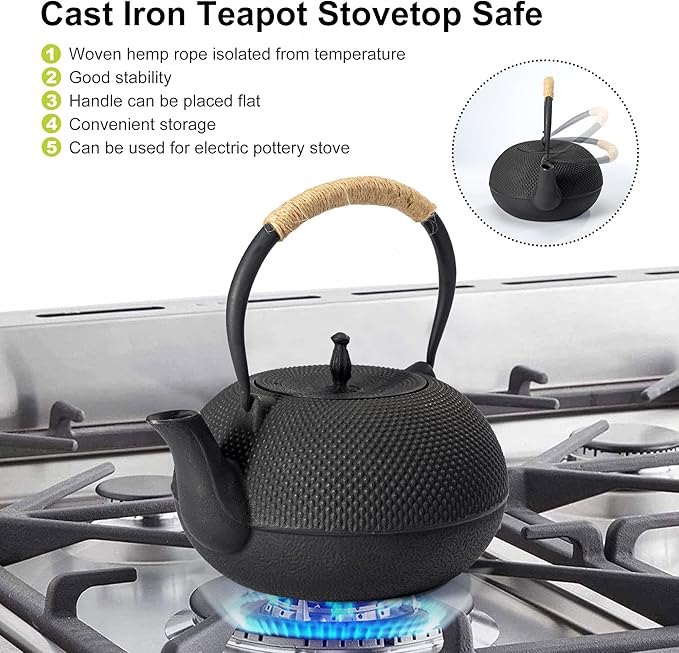 suyika Japanese Tetsubin Tea Kettle Cast Iron Teapot with Stainless Steel Infuser 60 oz/1800 ml | Stainless Steel Infuser for Stovetop Safe Coated with Enameled Interior
