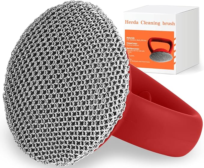Cast Iron Cleaner Scrubber with Heavy Duty Handle, 3mm Welded Chain Mail | Fine Ring,Stainless Steel Sponge Chainmail Scrubber, Skillet Oven Grill Cleaning Metal Brush -Dishwasher safe,Heat Resistant