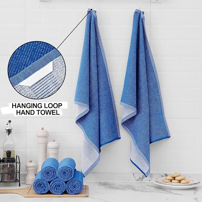 Homaxy 380 GSM Cotton Premium Kitchen Towels 6 Pack, 18"x 28", Blueberry | Flat and Terry Dish Towels, Highly Absorbent Tea Towel Set with Hanging Loop, Soft Utility Kitchen Hand Towels