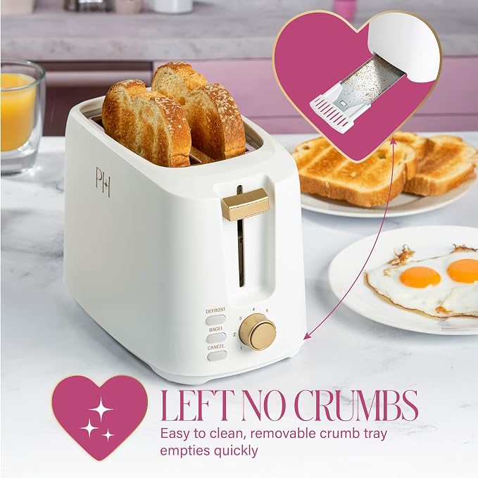 Paris Hilton 2-Slice Toaster, Extra-Wide Slots, 7 Browning Settings, Bagel & Defrost Functions, Removable Crumb Tray, White