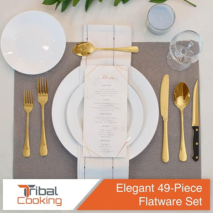 49 Piece Gold Silverware Set - Service for 8 - Stainless Steel Gold Flatware serving set - Cutlery Set - Knives, Fork, and Spoon - Dishwasher Safe - Stunning Polished Finish