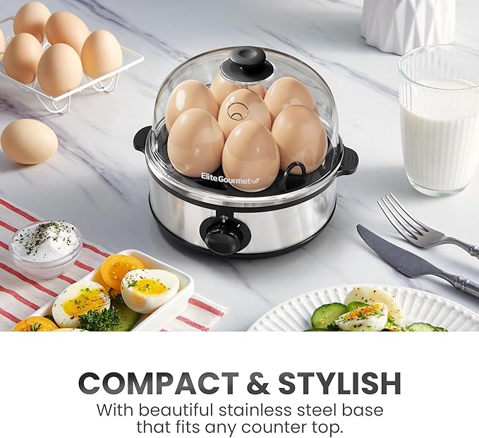 Elite Gourmet EGC724SS Egg Boiler Cooker, 7-Egg Poacher/Omelet Maker, Steel | Cooks soft, medium, or hard-boiled eggs, also scrambles - auto shut-off with buzzer - measuring cup included - BPA-free