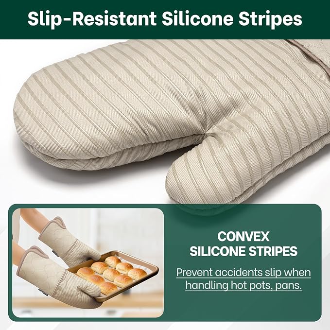 Beneno Heat Resistant 500°F Kitchen Oven Mitts 2-Pack, 7.5"x14.3", Beige | Textured Non-Slip Silicone Grip, Extra Long Forearm Protection, Soft Quilted Cotton Terry Lining, Ideal for Baking & Grilling