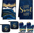 Bencailor 6 Pcs Blue Kitchen Decor Kitchen Towels, Oven Mitts and Potholder | Blue Marble Kitchen Decor and Accessories, 2 Kitchen Mitts Set, 2 Pot Holder and Towels for Baking Cooking Cleaning Supply