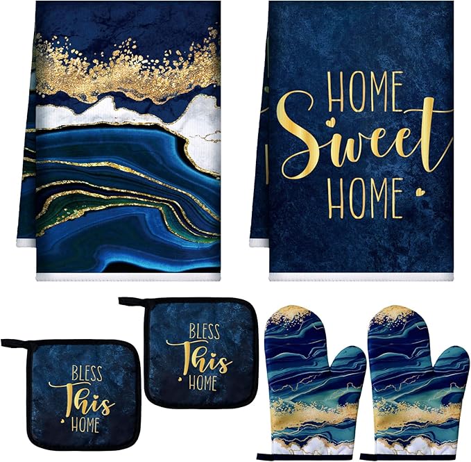Bencailor 6 Pcs Blue Kitchen Decor Kitchen Towels, Oven Mitts and Potholder | Blue Marble Kitchen Decor and Accessories, 2 Kitchen Mitts Set, 2 Pot Holder and Towels for Baking Cooking Cleaning Supply