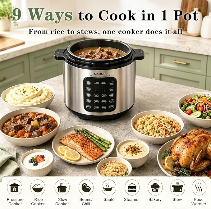 CARORI 6 Qt Electric Pressure Cooker, 9-in-1 Multi-Cooker with IMD Touchscreen, 24H Delay Start, Nonstick Ceramic Pot, Rice Cooker, Slow Cooker, Steamer, Sauté, Silver