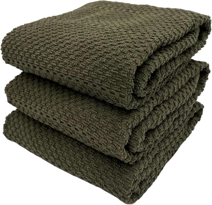 Olive Green Kitchen Hand Dish Towels, Set of 3, 100% Cotton, 18" x 28" | Terry Loop Ribbed Textured, Soft & Absorbent Cleaning Cloth, Quick Dry, Multipurpose for Everyday Use