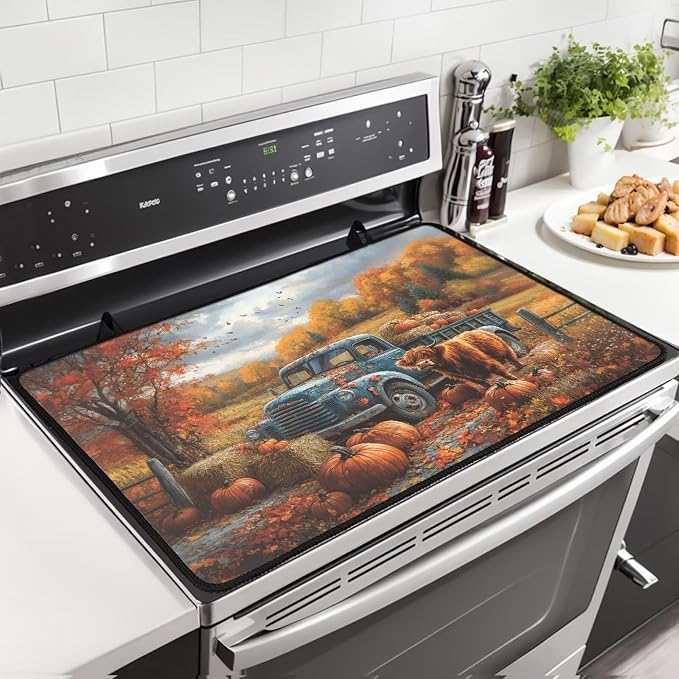 Cattle Pumpkin Cat Stove Top Covers for Electric Stove, Heart Resistant Dish Drying Mat for Kitchen, Non-Slip Dust-proof Mat for Glass Stove Top, Thanksgiving Decorations