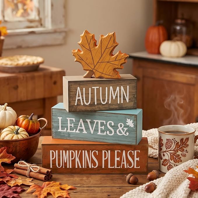 Lineshading 4 Pcs Fall Decorations For Home Wooden Maple Leaf Thanksgiving | Rustic Fall Table Centerpiece with Maple Leaf, Stacked Leaves Pumpkins Signs, Seasonal Harvest Theme, Sunflower Accents