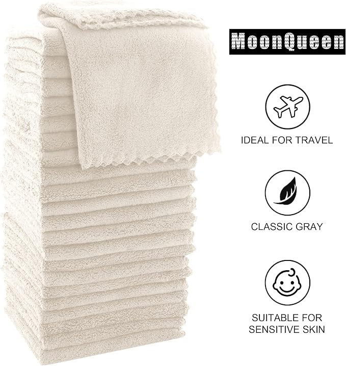 MOONQUEEN Ultra Soft Premium Washcloths Set - 12 x 12 inches - 72 Pack - Quick Drying - Highly Absorbent Coral Velvet Bathroom Wash Clothes (Cream)