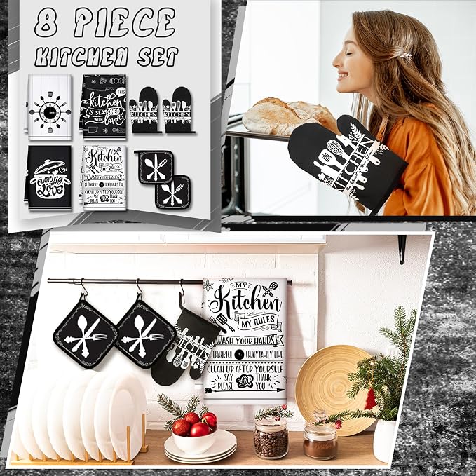 Leinuosen 8 Pcs Cooking Kitchen Decor Accessories Set Farmhouse Towels Oven Mitts Pot Holders Dishcloths Set Kitchen Decorative Absorbent Gloves Potholders for Chef Baking Cooking