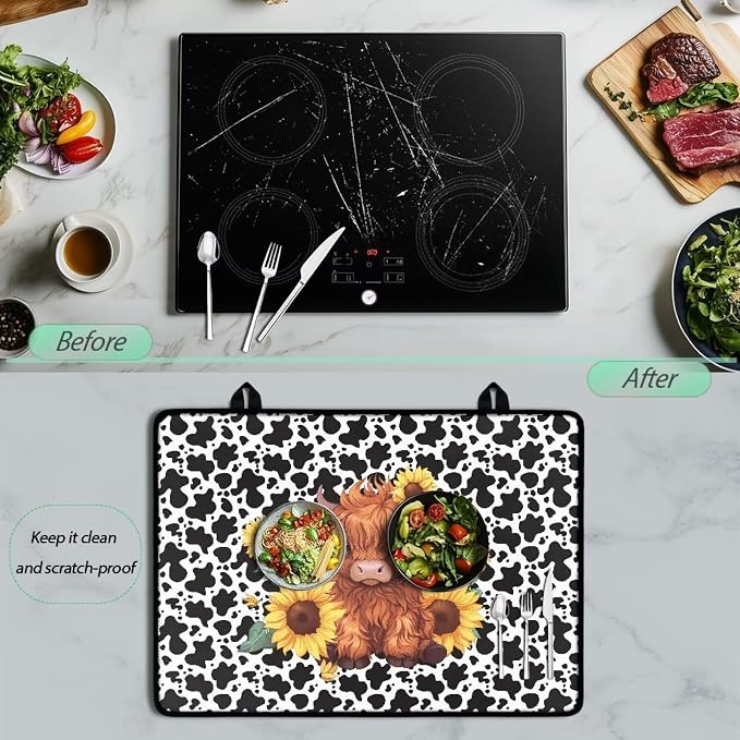 Cartoon Highland Cow Sunflower Print Stove Top Covers Waterproof Electric Stove Cover Mat 29.18 x 20.96 inch Glass Cooktop Protector Large Coffee Machine Mat for Flat RV Range