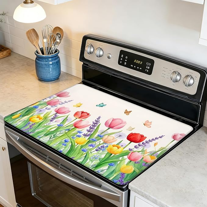 Spring Flowers Glass Top Stove Cover Protector,Rusti c Butterfly Heat Resistant Stove Top Cover, Large Size Range Covers for Electric Stove Countertop Mat, 28 x 20 Inch