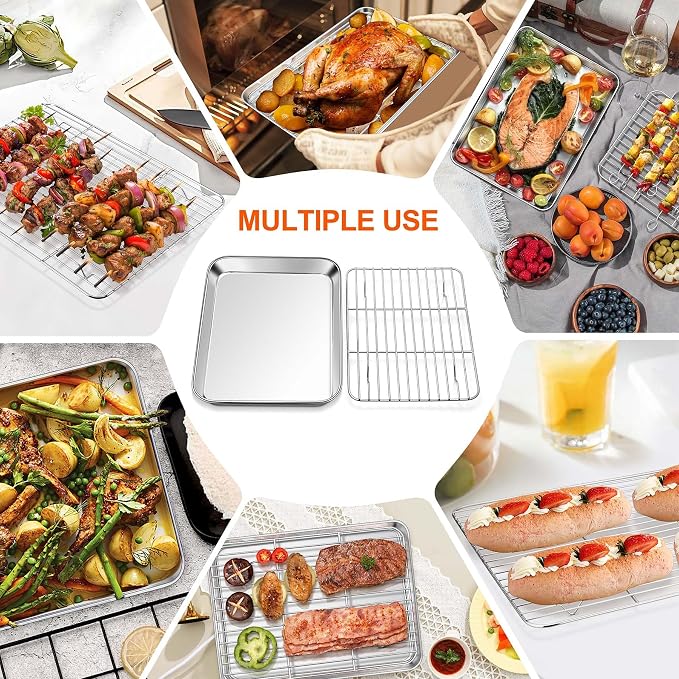 Homikit Small Baking Sheet with Wire Rack for Toaster Oven (1 Pan+1 Rack) | 10.4x8 Inch Stainless Steel Baking Pan with Rack Set, Metal Cookie Sheets Rust Free, Nonstick Bacon Tray Dishwasher Safe