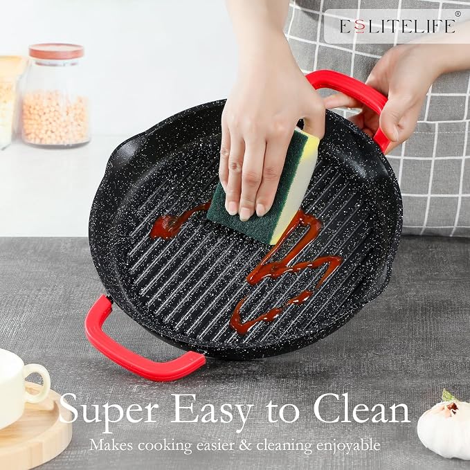 ESLITE LIFE Nonstick Grill Pan with Lid & Tongs for Stove Tops, 11 Inch Versatile Round Big Grilling Steak Pan with Pour Spouts for Indoor & Outdoor Cooking, PTFE & PFOA Free, Black