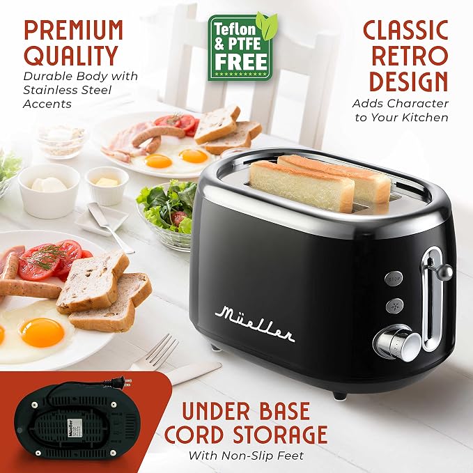 MUELLER HOME Retro Toaster 2 Slice, 7 Browning Levels | 3 Functions (Reheat, Defrost, Cancel), Stainless Steel Features, Removable Crumb Tray, Under Base Cord Storage,