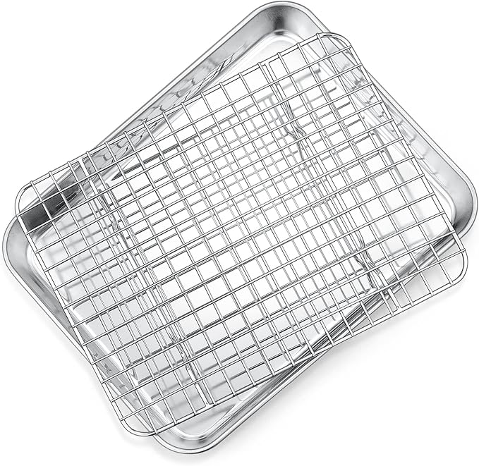 P&P CHEF 9 Inch Toaster Oven Pan Tray with Wire Rack, 2 PCS | Baking Sheet Pan + Cooling Rack for Cooking/Roasting, Dishwasher Safe & Rust Free, Non-toxic & Sturdy