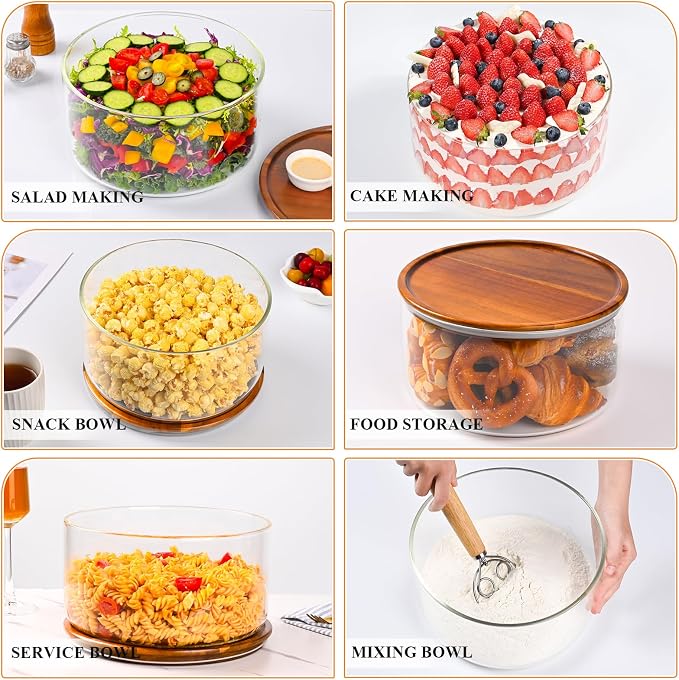 LOVYANXUE 155 oz Large Glass Trifle Bowl with Acacia Wood Lid - Glass Salad Bowl, Versatile Serving Bowls for Cake, Salad, Fruit, Baking, Dessert, Meal Prep, Storing, Microwave & Oven Safe, BPA Free
