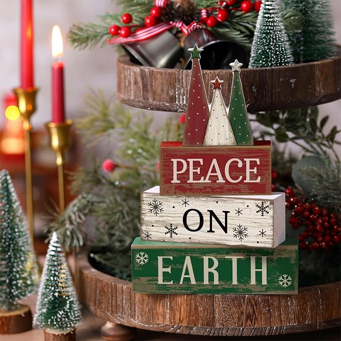 Lineshading 4 Pcs Christmas Table Decoration Wooden Christmas Tree Signs | Stackable Wooden Signs with Tree Topper for Tiered Tray, Rustic Tabletop Mantel Decor, Farmhouse Holiday Gift Accent
