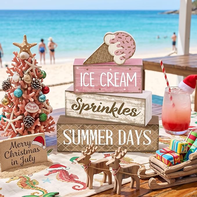 Lineshading 4 Pcs Ice Cream Summer Tiered Tray Decor Table Block Signs | Wooden Farmhouse Rustic Home Decorations, Kitchen Tabletop Centerpieces, Ice Cream Theme Sprinkles Design, Summer Gift