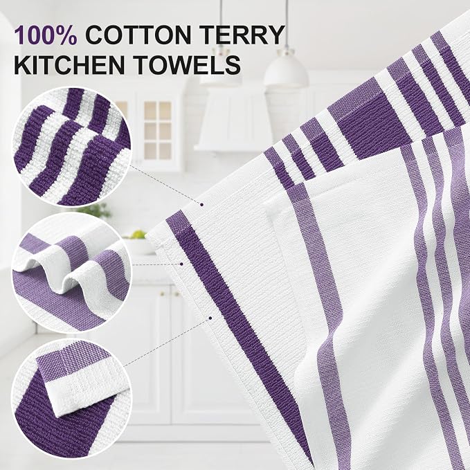 Homaxy Premium Cotton Stripe Kitchen Towels 6 Pack, 18"x 28", Purple | Large 380 GSM Kitchen Hand Towels, Soft Terry Dish Towels, Highly Absorbent Tea Towel Set with Hanging Loop