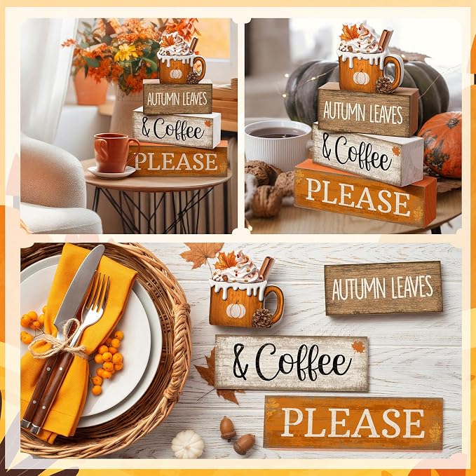 Lineshading 4 Pcs Fall Coffee Table Decor Fall Decor for Home Pumpkin Latte | Stackable Blocks for Coffee Bar, Thanksgiving Table Centerpiece, Rustic Farmhouse Home Decoration, Autumn Theme