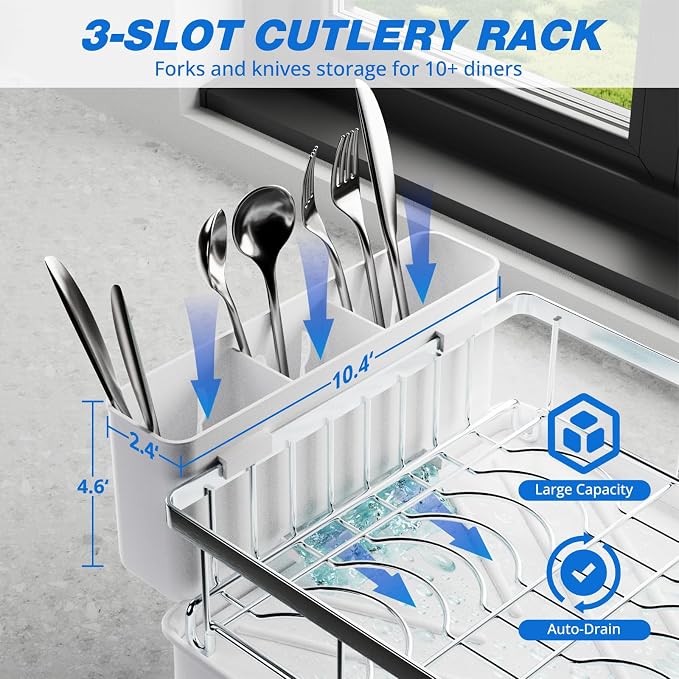 2-Tier Dish Drying Rack - 304 Stainless Steel Dish Rack Auto Drain | Dish Racks for Kitchen Counter, Dish Drainer with Knife Fork & Cup Rack, Gifts for Women, Mothers Day, Kitchen Gadget, Silver