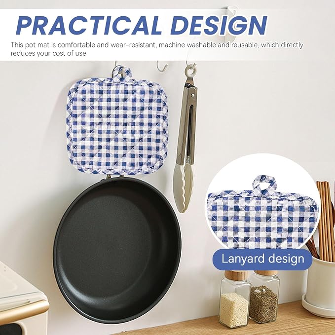 4pcs Pot Holders for Kitchen, Cotton Kitchen Hot Pads, Heat Resistant Oven Mitts and Pot Holders Sets (Blue Tartan)