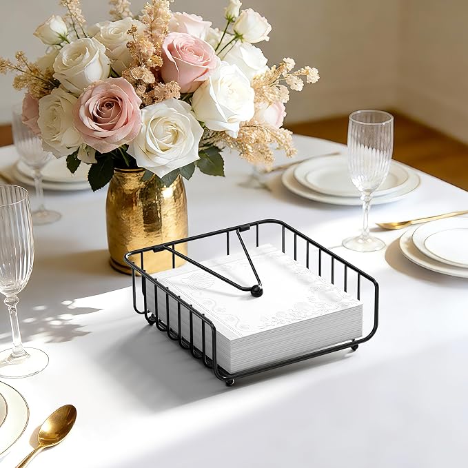 Napkin Holder for Table with Weighted Arm, Dinner Metal Flat Napkin Holders for Paper Napkins, Outdoor Napkin Dispenser Restaurant (Black)