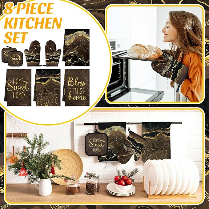 Leinuosen Brown and Gold Marble 8 Pcs Kitchen Towels and Dishcloths Sets Oven Mitts and Pot Holders Absorbent Kitchen Gloves Potholders Heat Resistant for Chef Baking Cooking