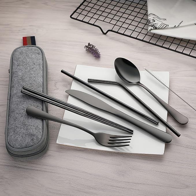 DEVICO Camping Utensils, Full-Size Travel Silverware Set with Case for Work | 8Pcs Stainless Steel Travel Cutlery Set, Portable Metal Straws Chopsticks Fork Spoon Knife Set for Lunch Box/School, Black