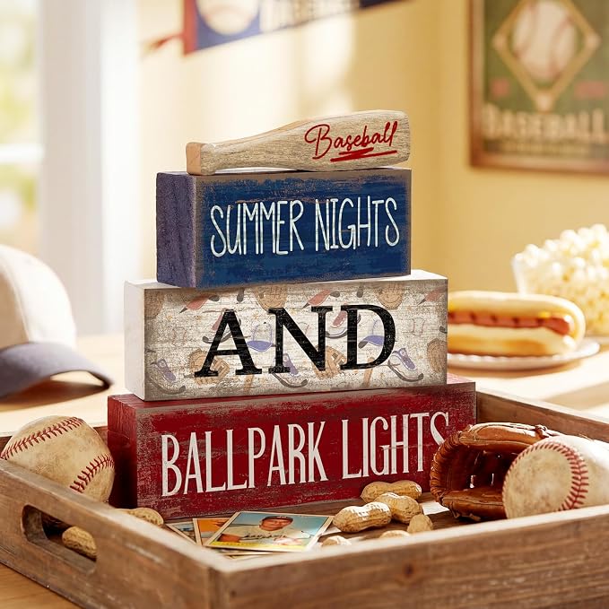 Lineshading 4 Pcs Baseball Wooden Blocks Sign with Bat, Blue White Red | Summer Nights Ballpark Lights Farmhouse Style, Party Centerpiece Room Tiered Tray, Stackable Blocks for Fans Boys Decor