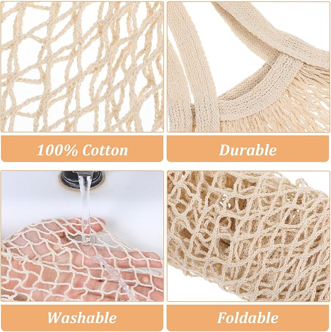 Mabor 2-Pack Cotton Mesh Grocery Bags, Reusable & Foldable Net Produce Bags for Shopping, Beige & Black