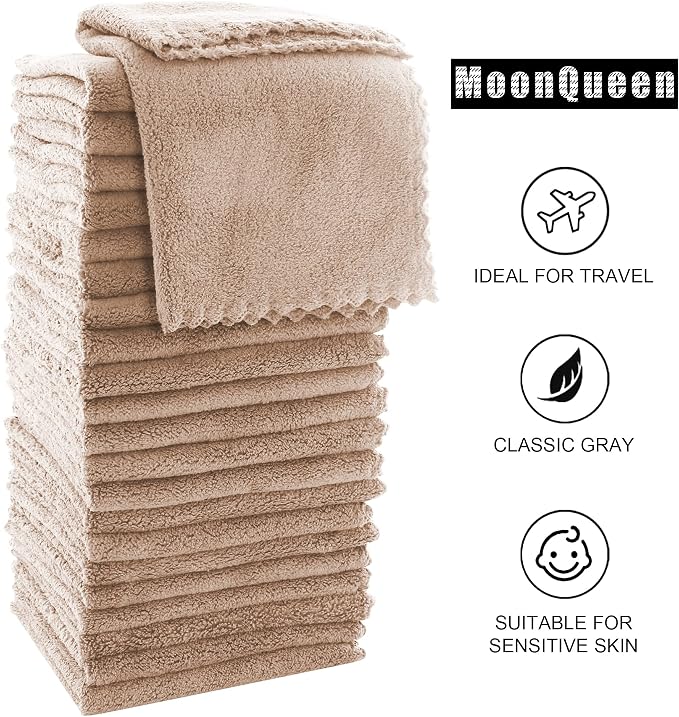 MOONQUEEN Ultra Soft Premium Washcloths Set - 12 x 12 inches - 72 Pack - Quick Drying - Highly Absorbent Coral Velvet Bathroom Wash Clothes (Brown)