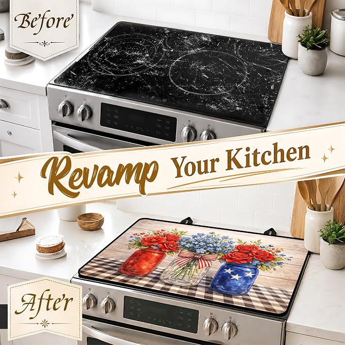 Patriotic Electric Stove Top Cover | Heat Resistant Glass Cooktop Protector for Kitchen Ceramic Countertops, Multiuse Stove Cover and Dish Drying Mat