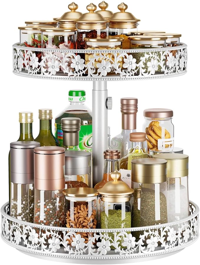 2 Tier Lazy Susan Organizer Turntable, 12 Inch, White | Adjustable, Easy Assembly & Cleaning, Two Tier Rotating Lazy Susan Spice Rack, For Cabinet Dining Table Kitchen Countertop