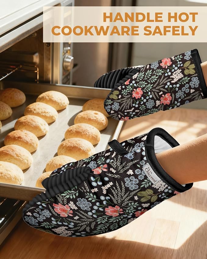 100% Thick Cotton Oven Mitts Ribbed Soft Silicone Bright Flower | Aesthetic Oven Mitts for Women, Machine Washable Non-Slip Kitchen Mitts, Reversible for Both Hands, Stylish Kitchen Decor