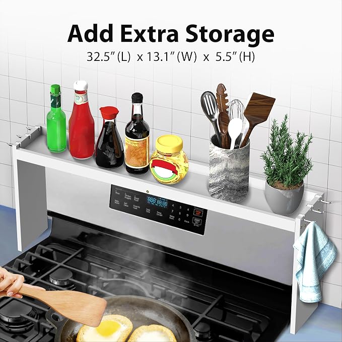 IIIOIIIA Bamboo Over the Stove Spice Shelf for Kitchen, 31.5" Spice Rack Organizer Shelf with 6 hooks, 11.4" Height Extra Storage Countertop, Easy to Assemble, White