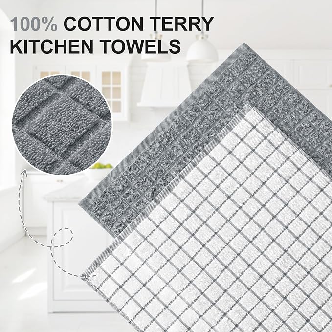 Homaxy Large Premium Cotton Kitchen Towels 16"x 28", 4 Pack, Grey | Natural Ring Spun 390 GSM Dish Towels, Super Absorbent Terry Kitchen Hand Towels, Soft Tea Towels with Hanging Loop