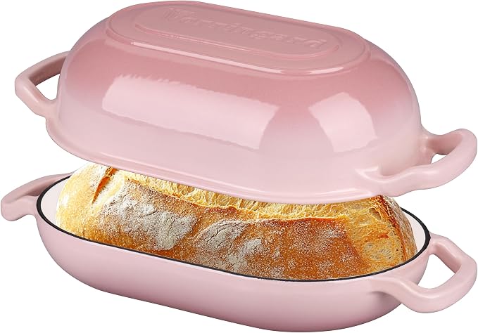 VORRINGARD Enameled Cast Iron Sourdough Bread Oven, Dutch Oven, Loaf Cast Iron Bread Pan for Homemade Bread Baking, Meatloaf Pan with Lid, 5QT, Pink