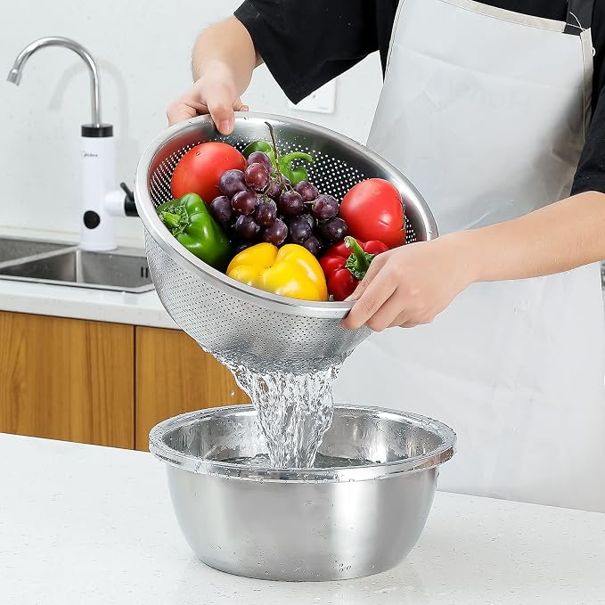 Paoli 304 Stainless Steel Fine Mesh Colander Set, 1.5QT Large Capacity Strainer with Mixing Bowl — Rinse Fruits, Veggies, Rice & Drain Pasta, Dishwasher Safe (2-Piece)