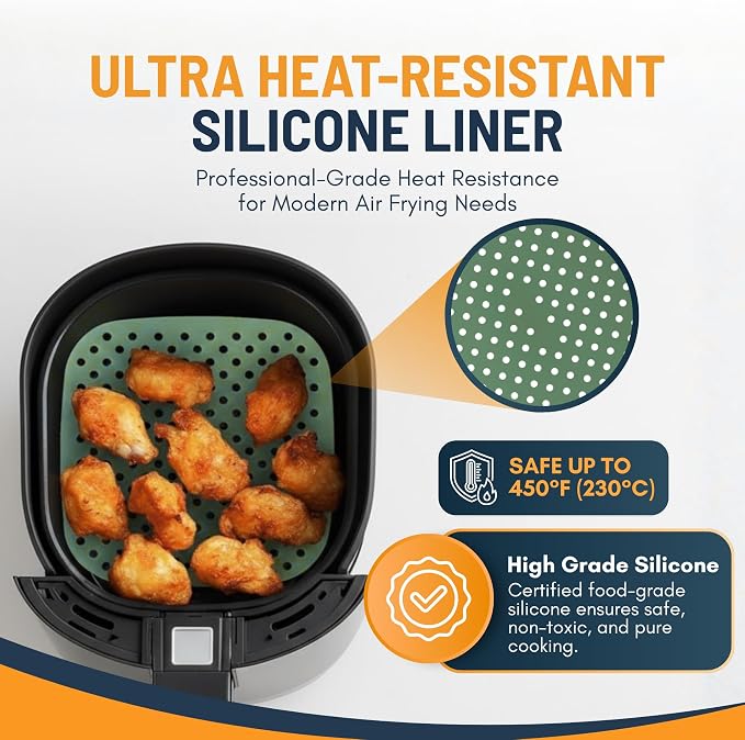 Reusable Square Silicone Air Fryer Liners (7.5 Inch, 3 Pack) by Linda’s Essentials - Non-Stick, Easy-Clean Accessories with Cheat Sheet & Recipe Book, Perfect for Quick Meals