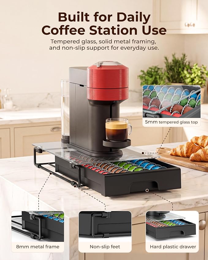 EVERIE Nespresso Vertuo Pod Holder Drawer, Coffee Pod Organizer with Universal Slots, Holds 40 Large or 52 Small Capsules, Tempered Glass Top Storage Drawer for Coffee Makers, 12" x 16.5" x 3.5"