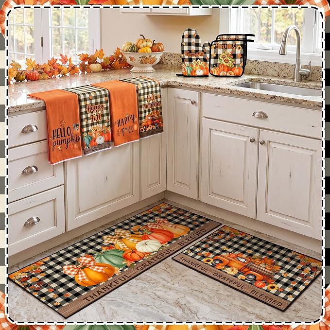 Fourluoo 10 Pcs Kitchen Dish Towels Rugs Oven Mitts and Pot Holders Set Farmhouse Kitchen Decor Set for Women Mom Daughter Gift Cooking Baking Grilling(Harvest Color,Pumpkin)