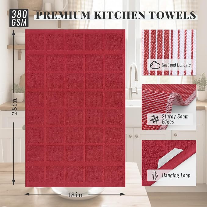 Homaxy 9 Pack Cotton Terry Premium Kitchen Towels, 18 x 28 in, Red | Large 380 GSM Dish Towels, Highly Absorben Flat & Terry Kitchen Hand Towels, Soft Utility Tea Towel Set with Hanging Loop