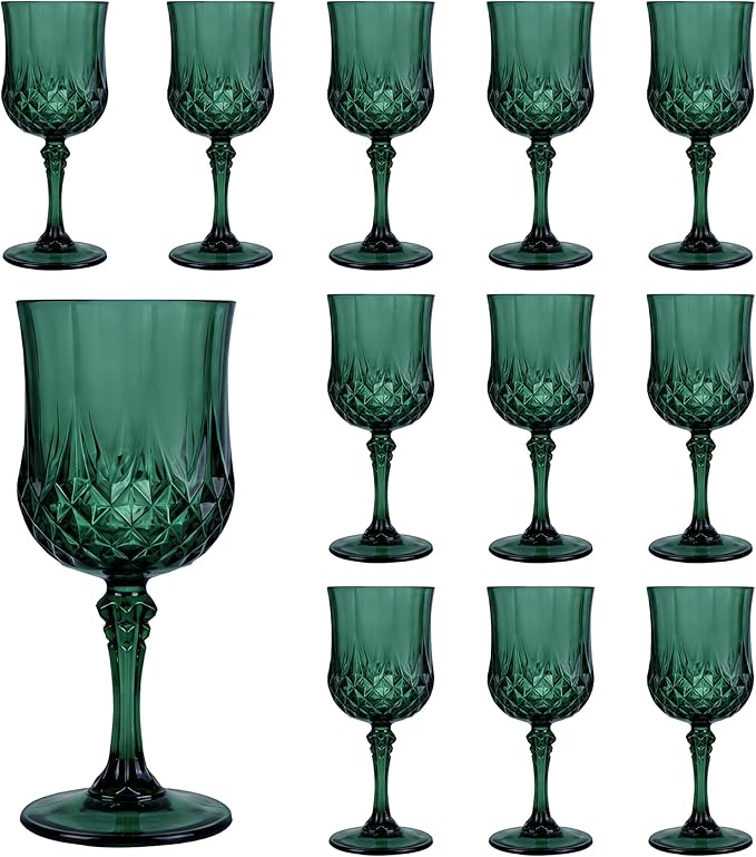 12Pack Plastic Wine Glasses, 7oz Vintage Goblets for Wedding | Unbreakable Crystal Style Reusable Stemware, Elegant Dark Green Drinking Glass for Party Anniversary & Holiday Celebration