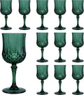 12Pack Plastic Wine Glasses, 7oz Vintage Goblets for Wedding | Unbreakable Crystal Style Reusable Stemware, Elegant Dark Green Drinking Glass for Party Anniversary & Holiday Celebration