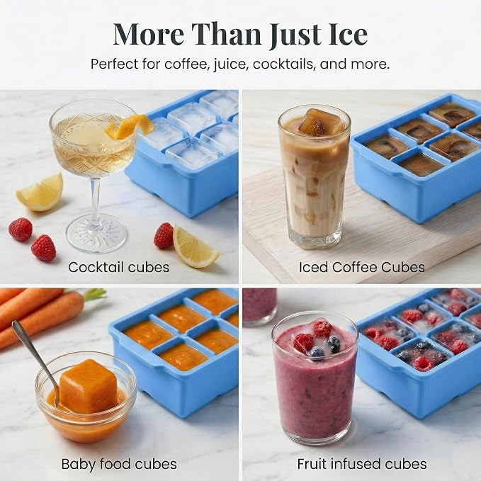 KitchFort® Large Silicone Ice Cube Tray (2-Pack) - 2" Big Ice Mold with Lid | Easy Release, Cocktail, Whiskey Ice Cubes Mold - Food Grade - Ice Cube Trays for Freezer - Stackable Silicone Ice Tray
