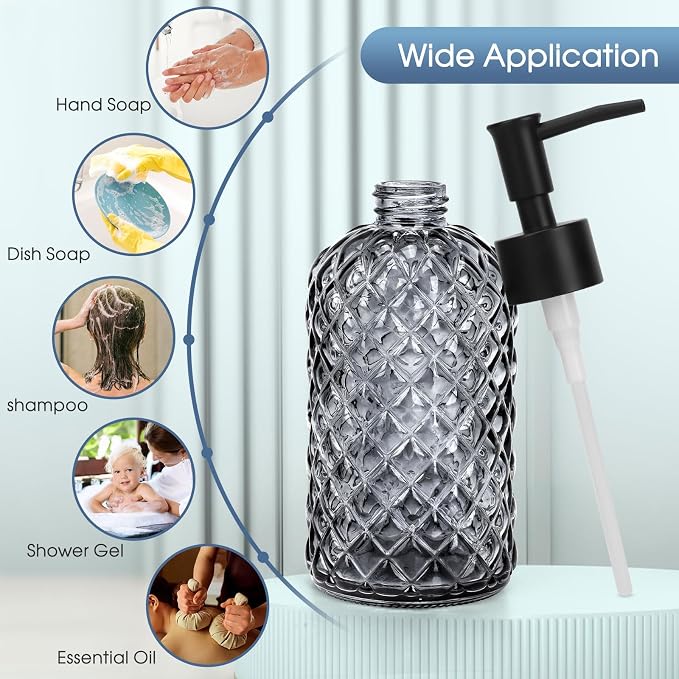 Topsky Gem Glass Soap Dispenser with Black Plastic Pump, 13oz Liquid Hand Soap Dispenser, Rustproof Pump for Kitchen & Bathroom, Great for Lotions, Essential Oil, Liquid Soaps-Gray