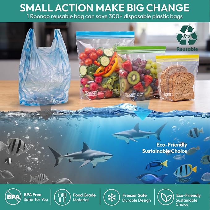 24 Pack Reusable Food Storage Bags Stand Up Dishwasher Safe BPA Free | Reusable Freezer Bags, Extra Thick Leakproof Ziplock Bags for Freezer Storage & Family Use (8 Gallon,8 Half Gallon, 8 Quart)